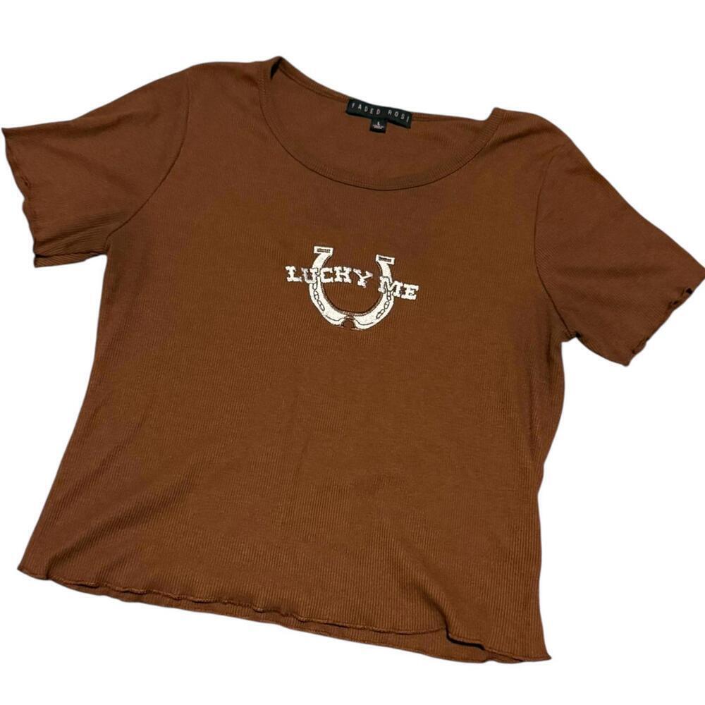 Faded Rose Lucky Me Horseshoe Graphic Tee Brown Ribbed Women’s L
